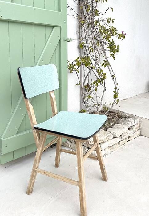 Set of 2 wooden and water green Formica chairs
