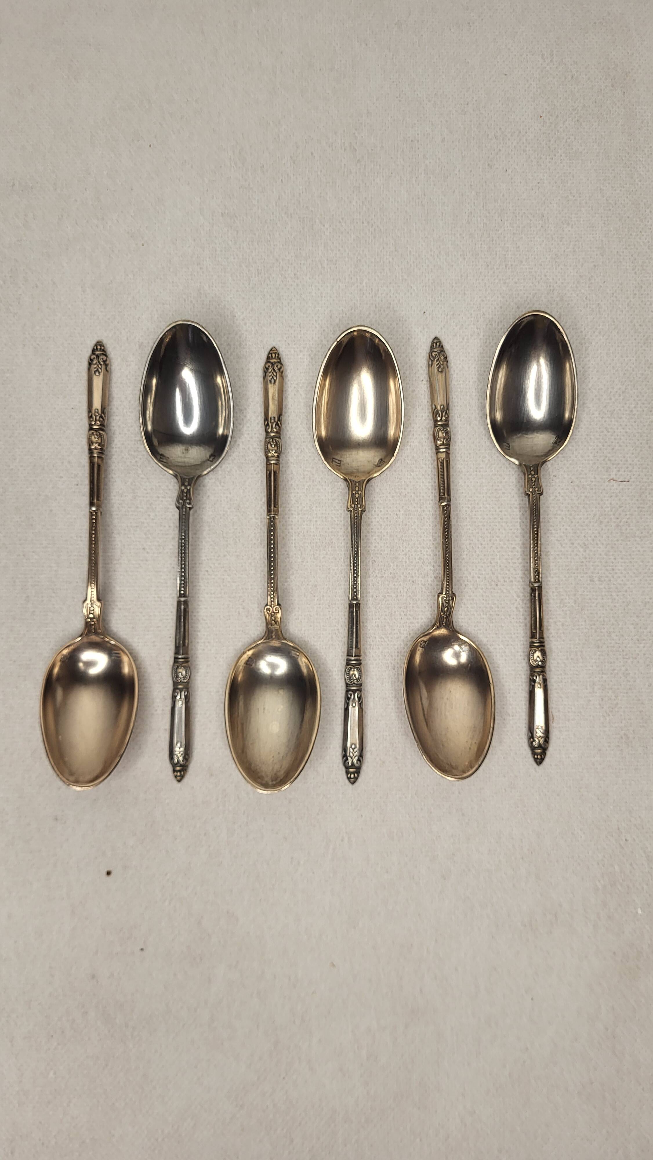 6 Art Nouveau silver-plated metal teaspoons