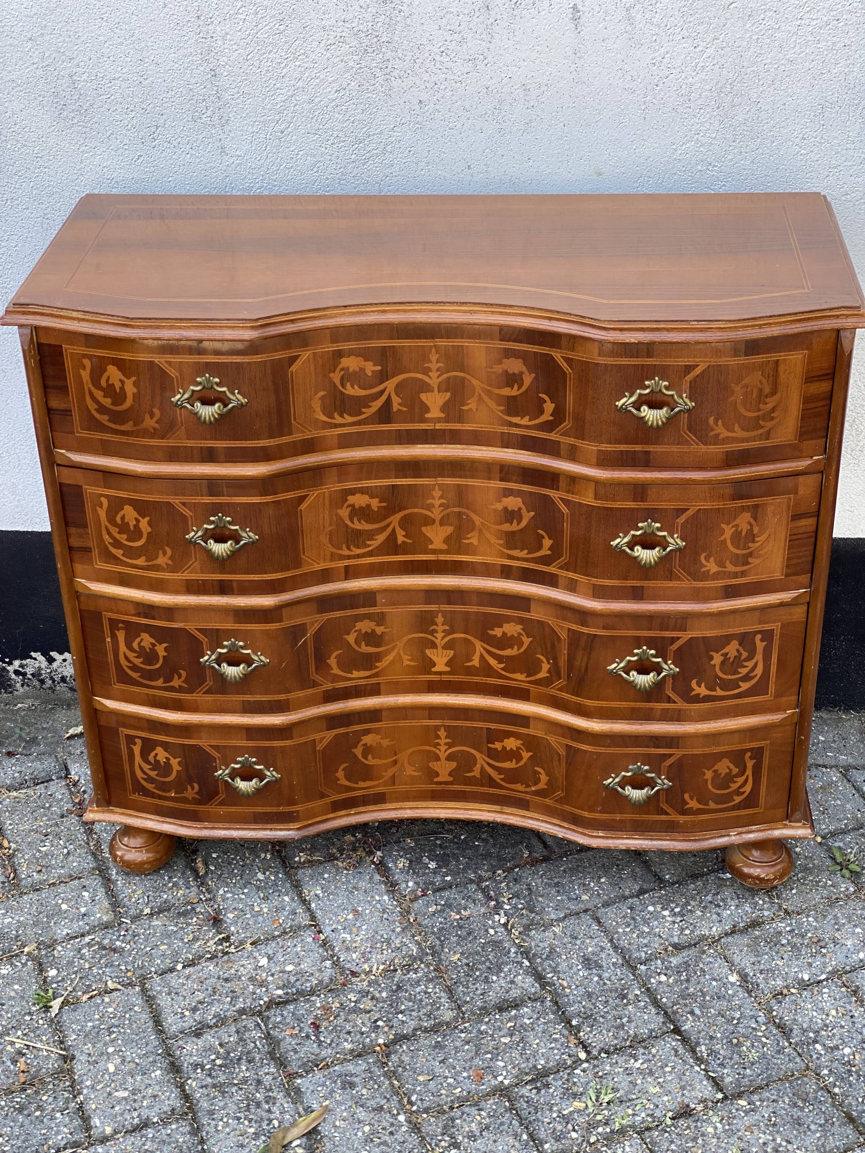 Vintage Inlay Wood Chest of Drawers in the Style of Louis XIV