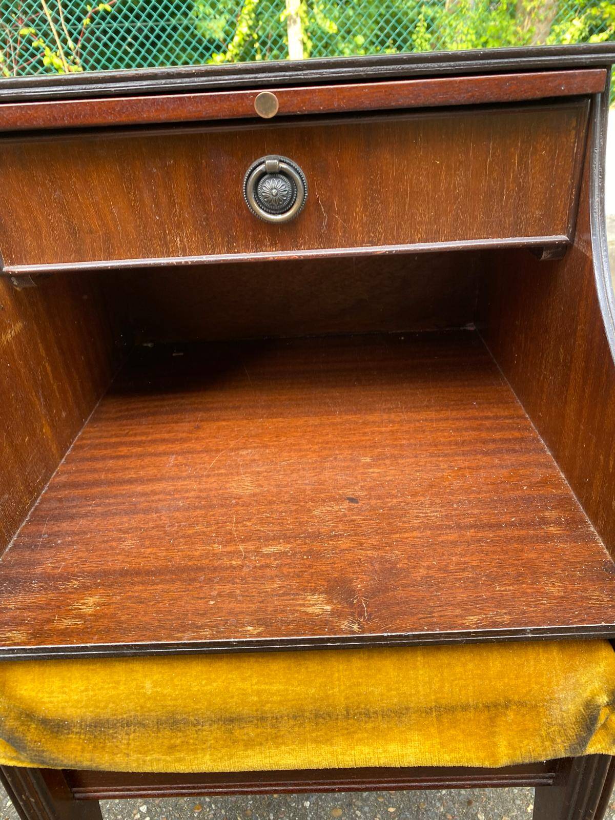 Mahogany bedside table in English style with stool.