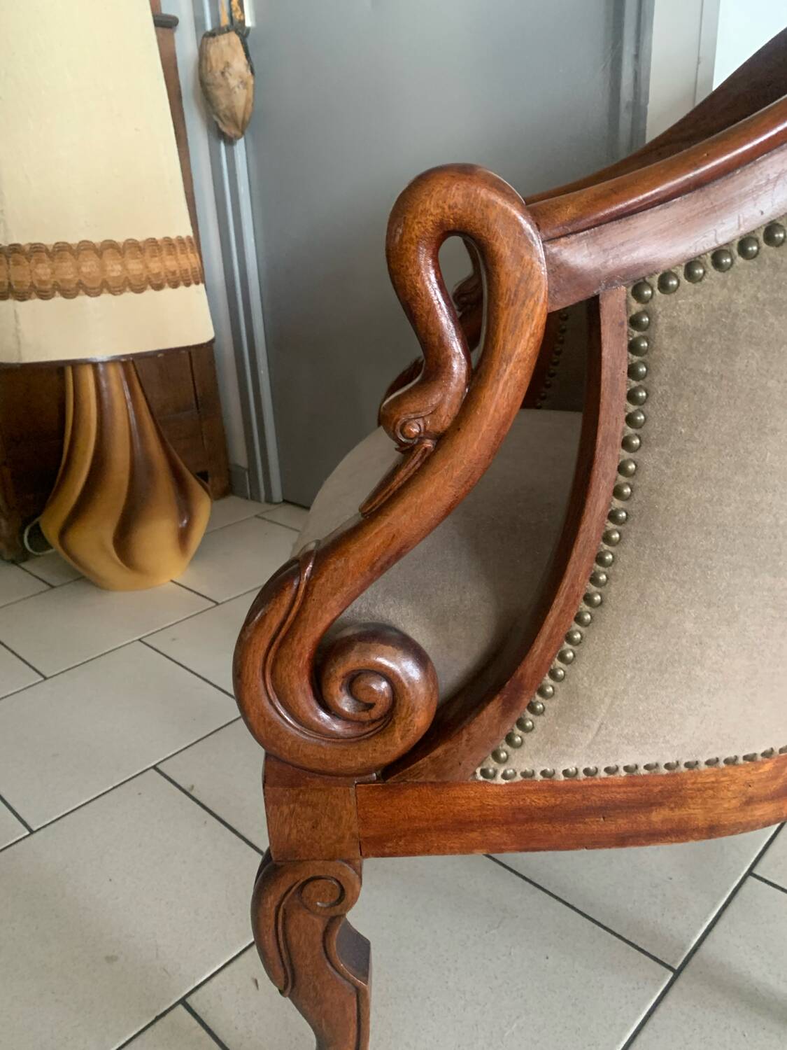 Antique armchair, Restoration style, swan neck