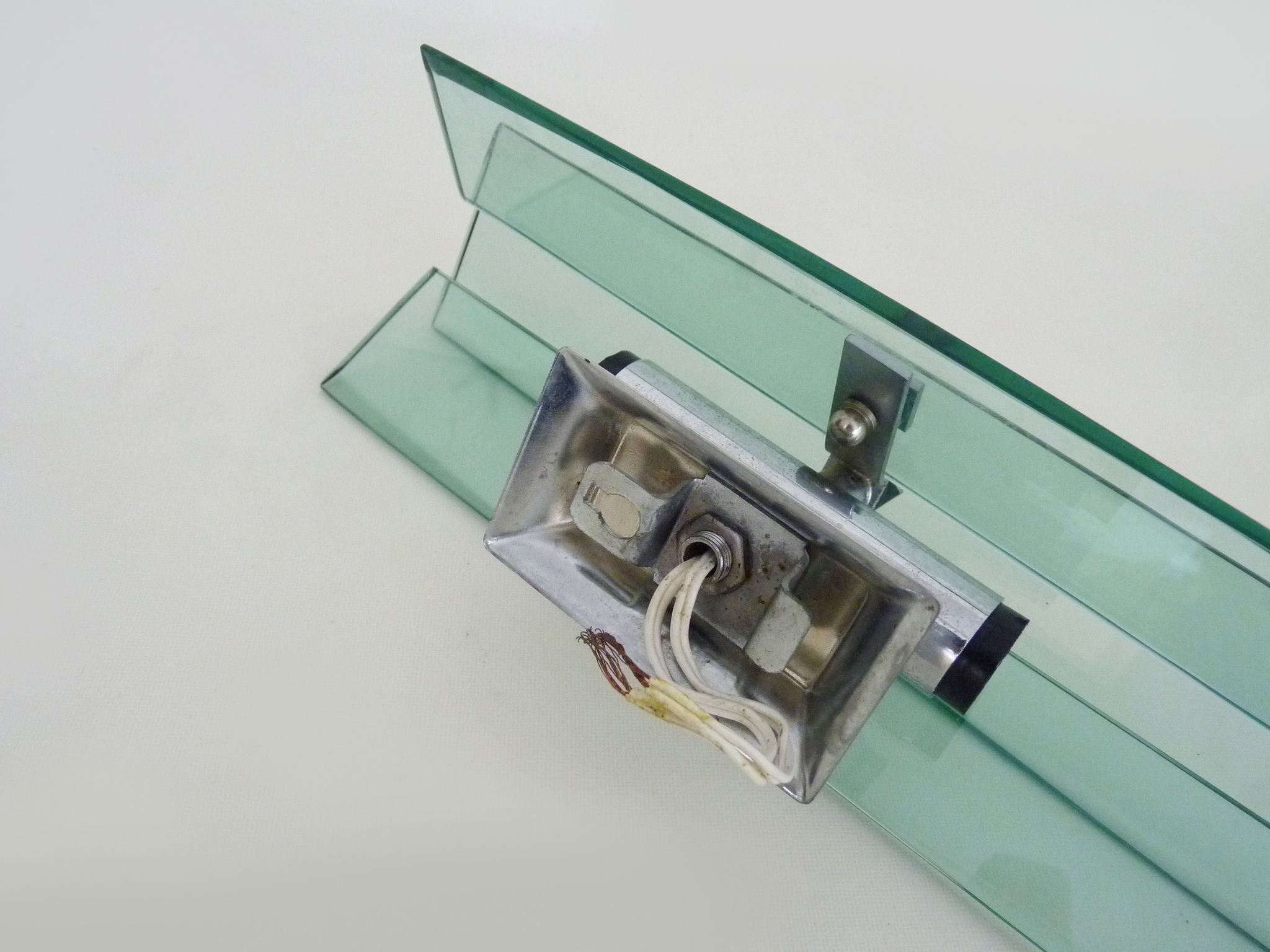 Stainless steel wall lamp and bluish glass, 2 lights, Veca 1960