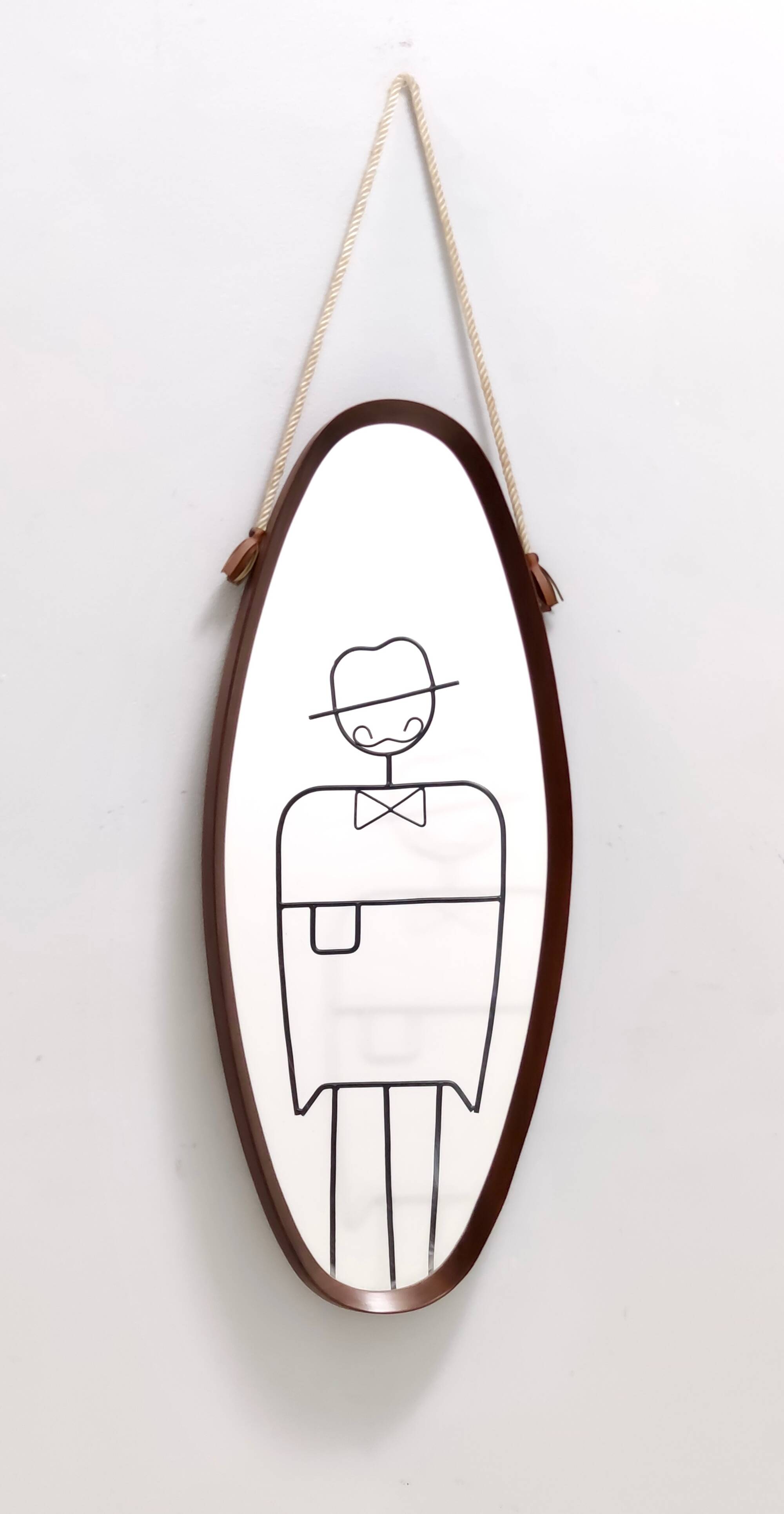 Oval Wall Mirror with Ebonized Beech Frame and a Nylon Rope, Italy