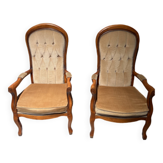 Lot de 2 fauteuils Voltaire en bois et en tissu