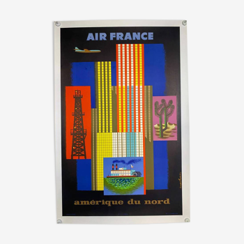 Affiche Air France Amérique du Nord par Jacques Nathan 1962 - Petit Format - On linen