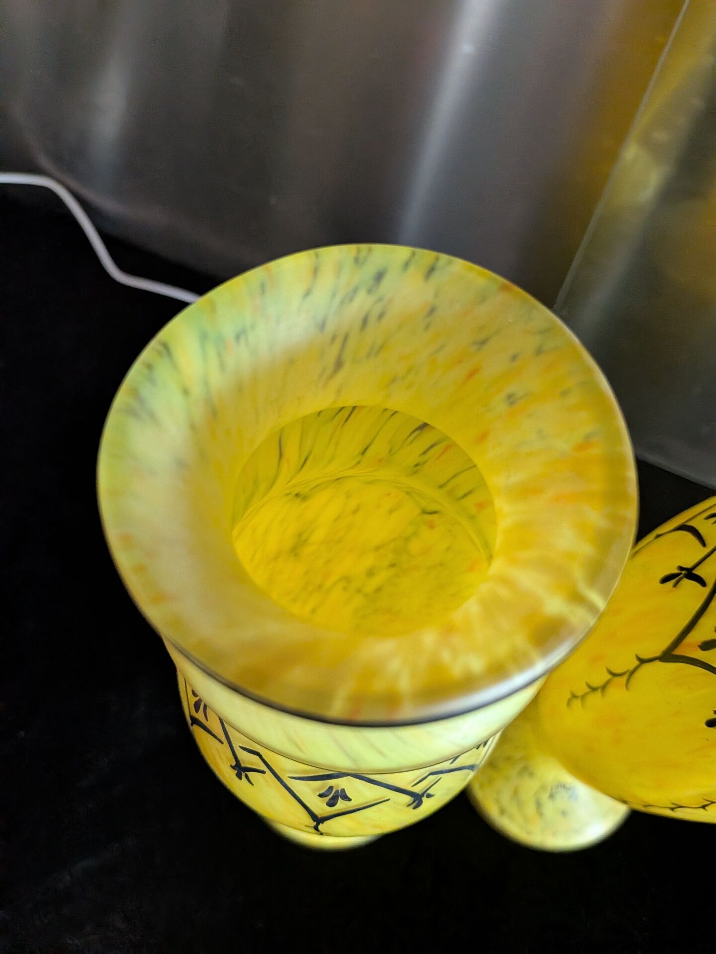 Pair of Legras vases — yellow marbled glass, enamelled Art Deco decoration,