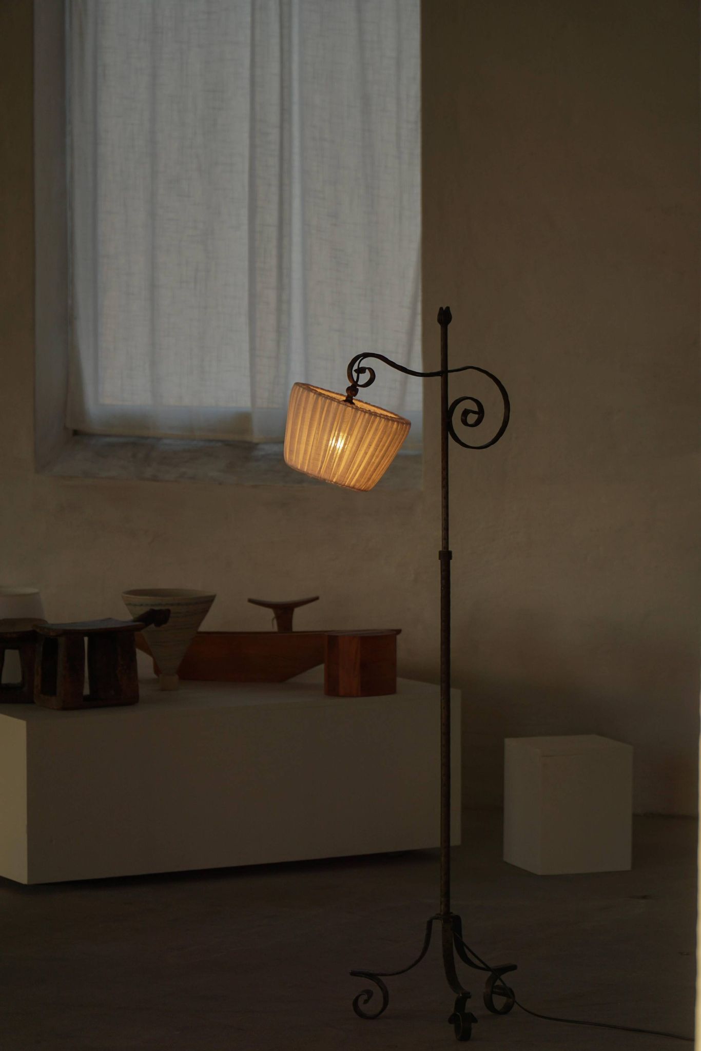 20th-century wrought iron floor lamp with swirling detail, Danish Art Deco.