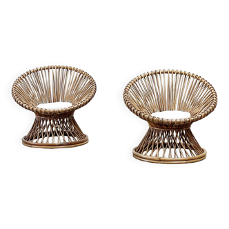 Italian rattan lounge chairs with Bouclé seating