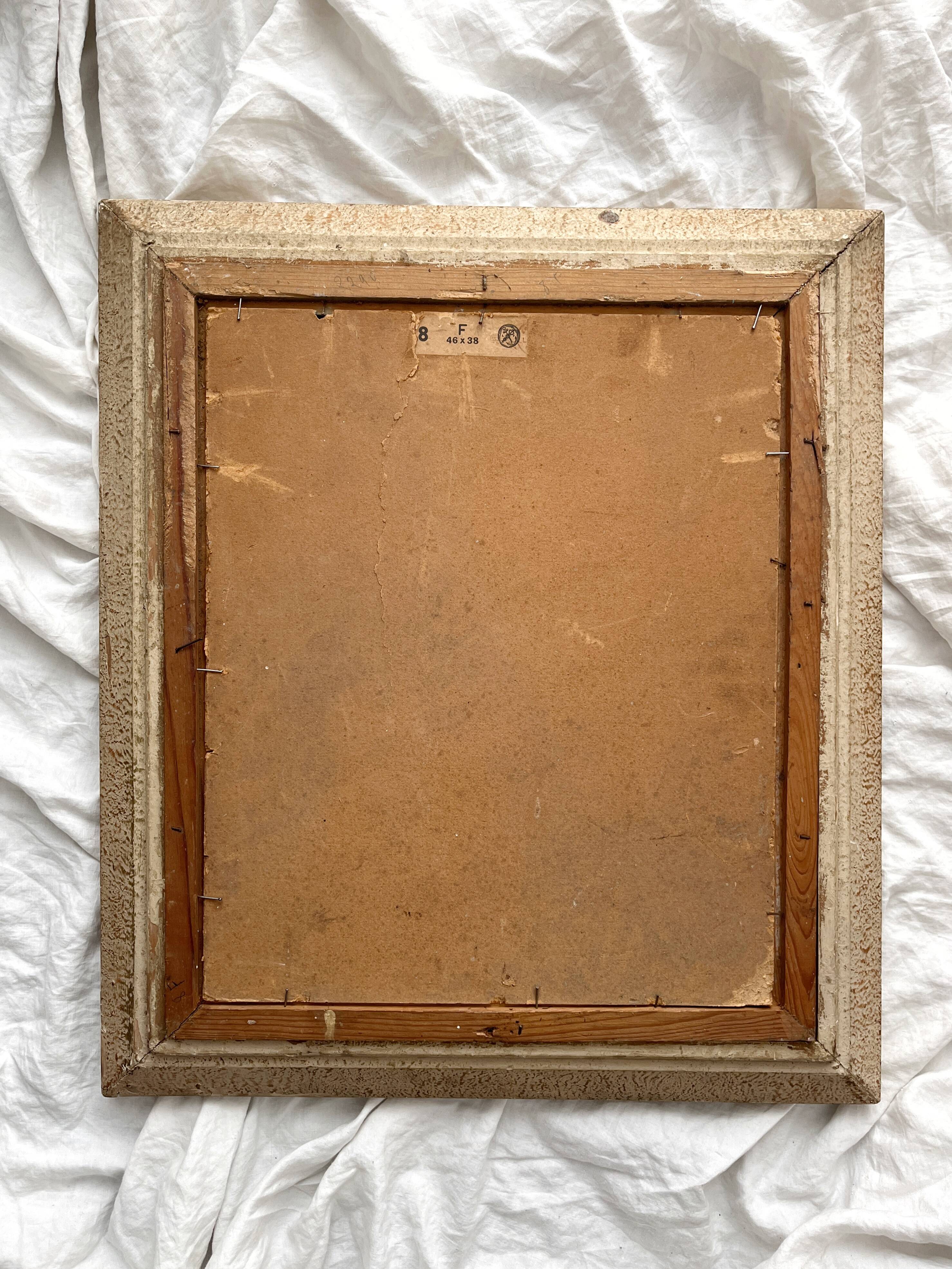 Antique painting, oil on cardboard depicting a landscape