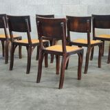 Suite of 6 chairs brutalist style straw and solid oak