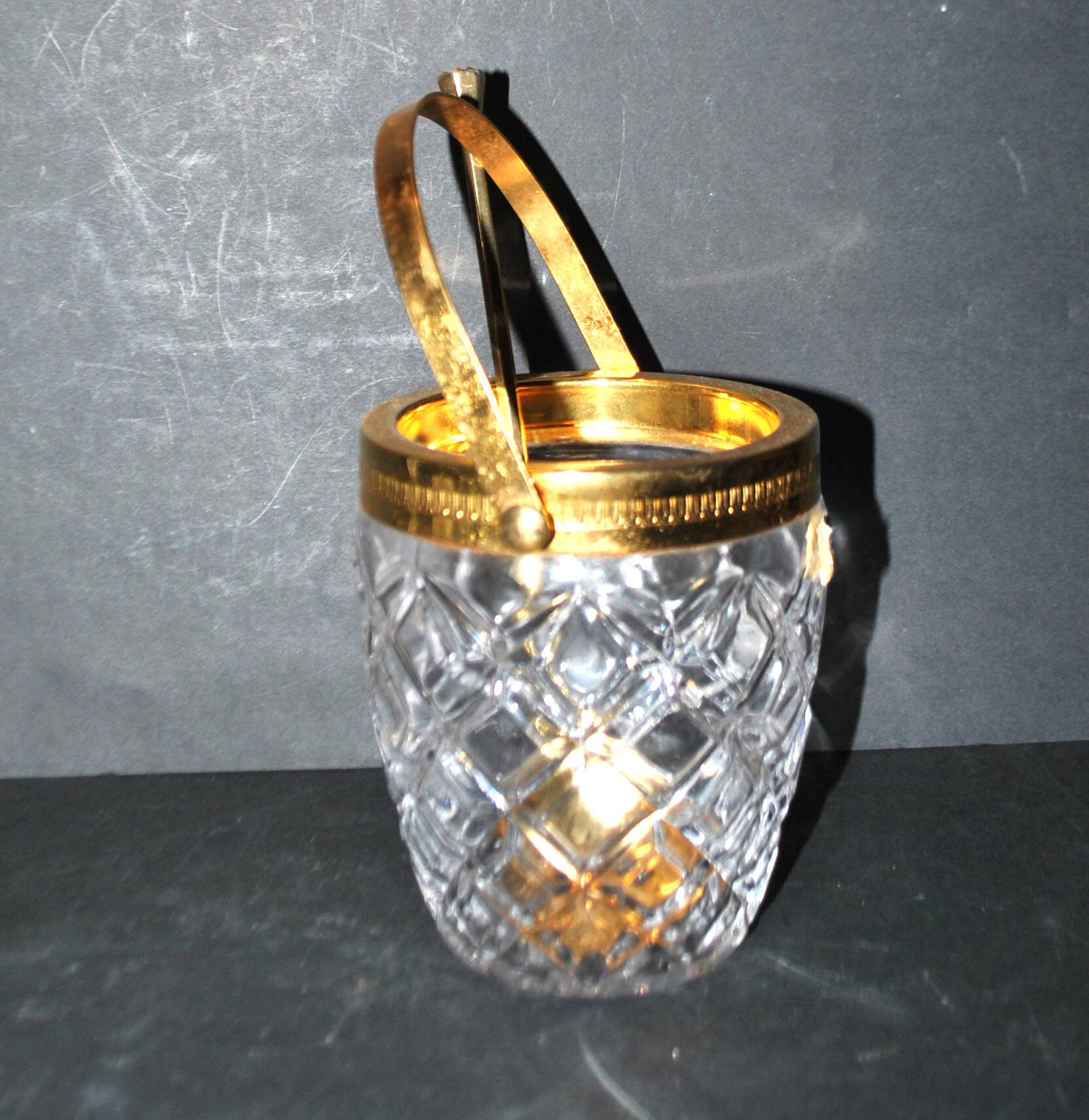 Vintage crystal ice bucket and gold frame "cristal ga" and cocktail ice cube spoon