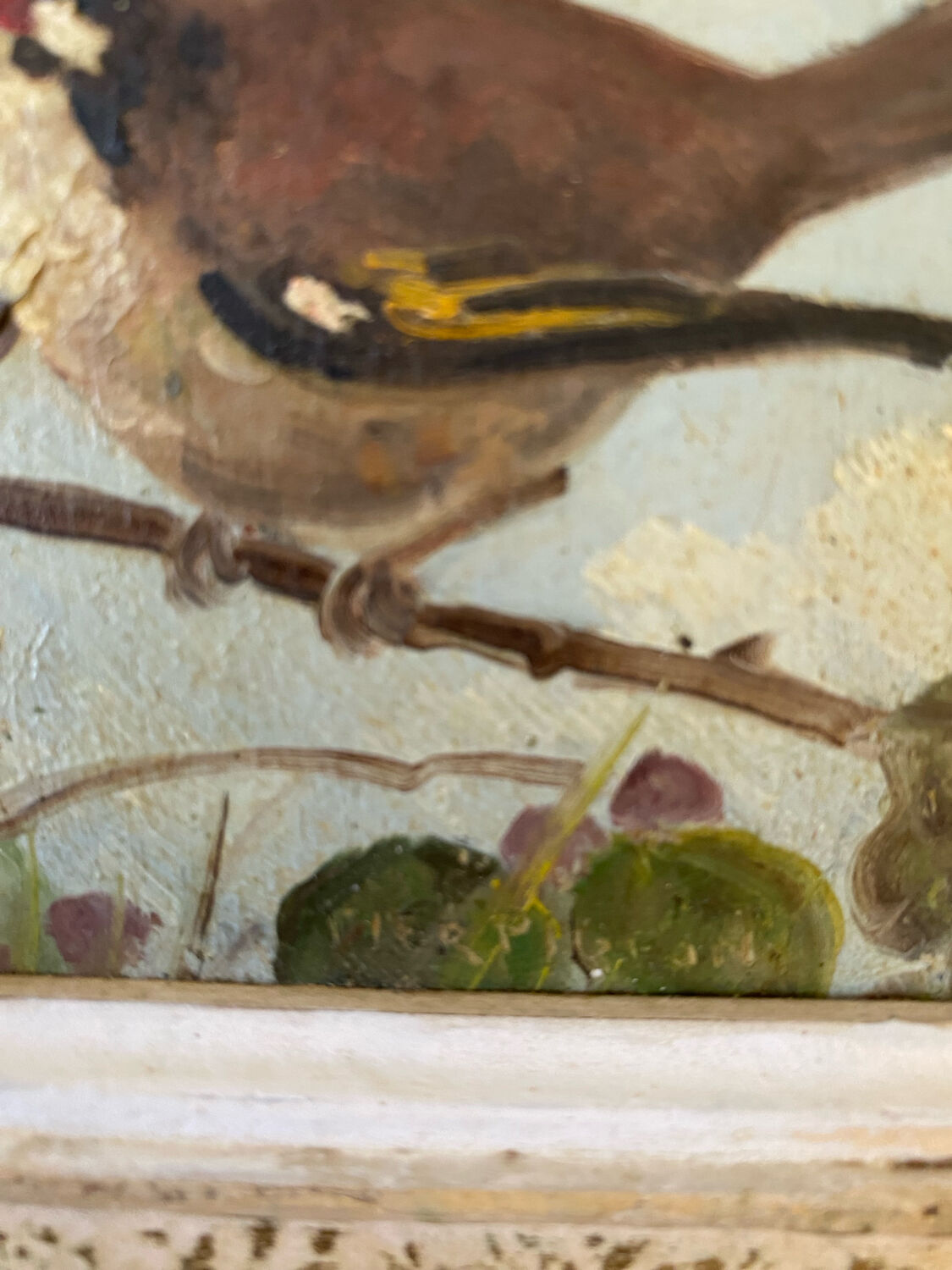 Vintage painting on panel of 3 tits on a branch.