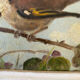 Vintage painting on panel of 3 tits on a branch.