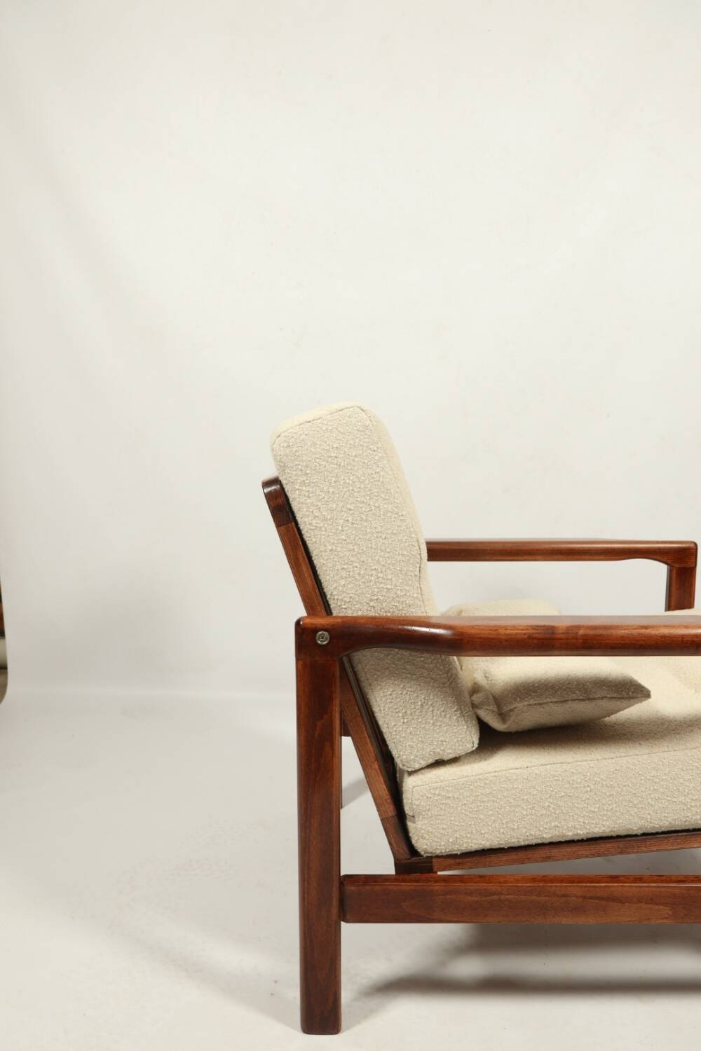 Vintage dark wood beige bouclé armchair by Z.Baczyk 1965