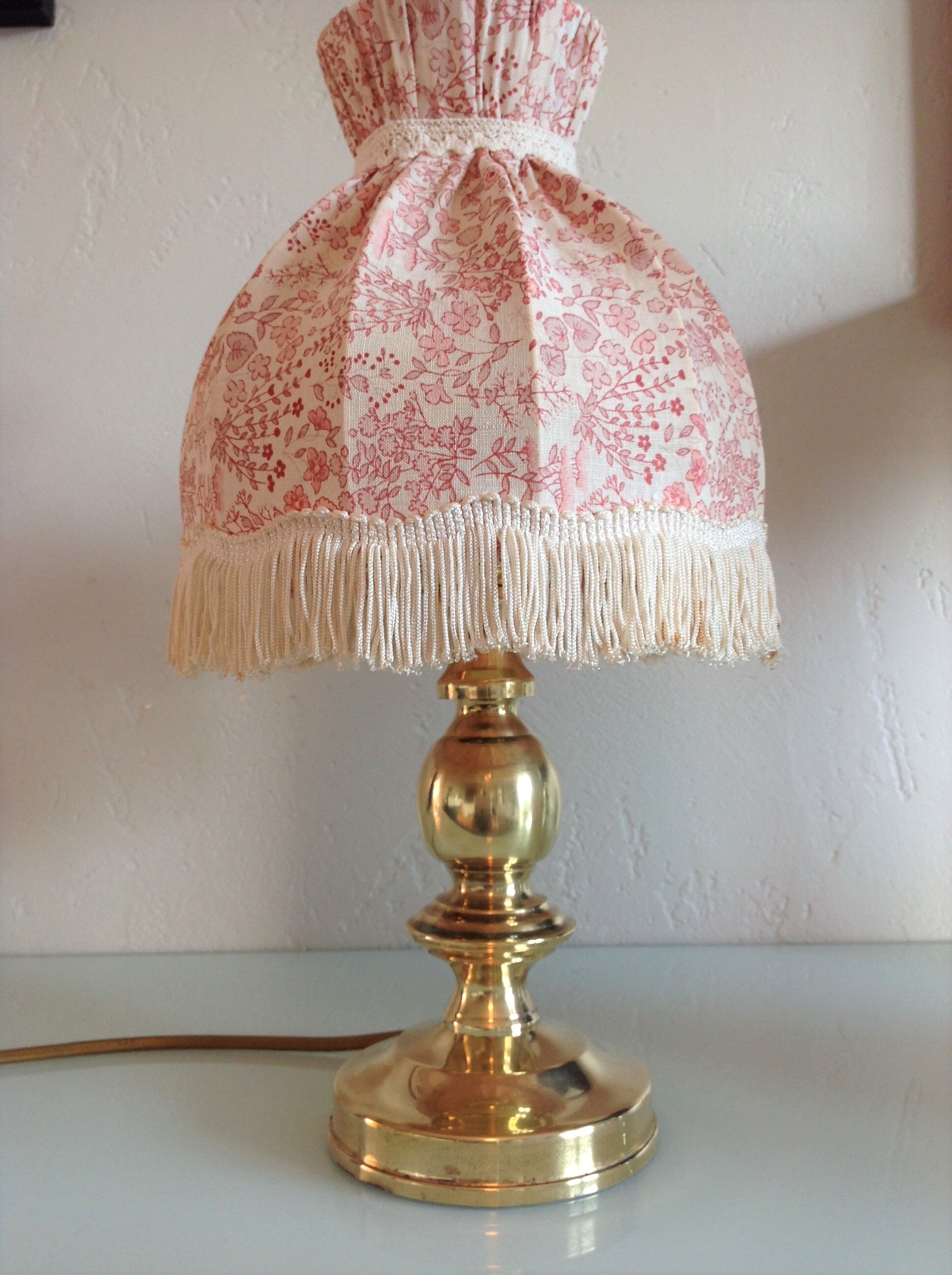 Brass bedside lamp and pink/vintage lampshade 60s-70s