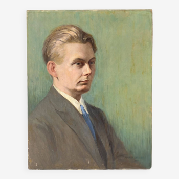 Portrait ancien à l'huile sur panneau 1920, peinture vintage d'un homme signée Cagnet