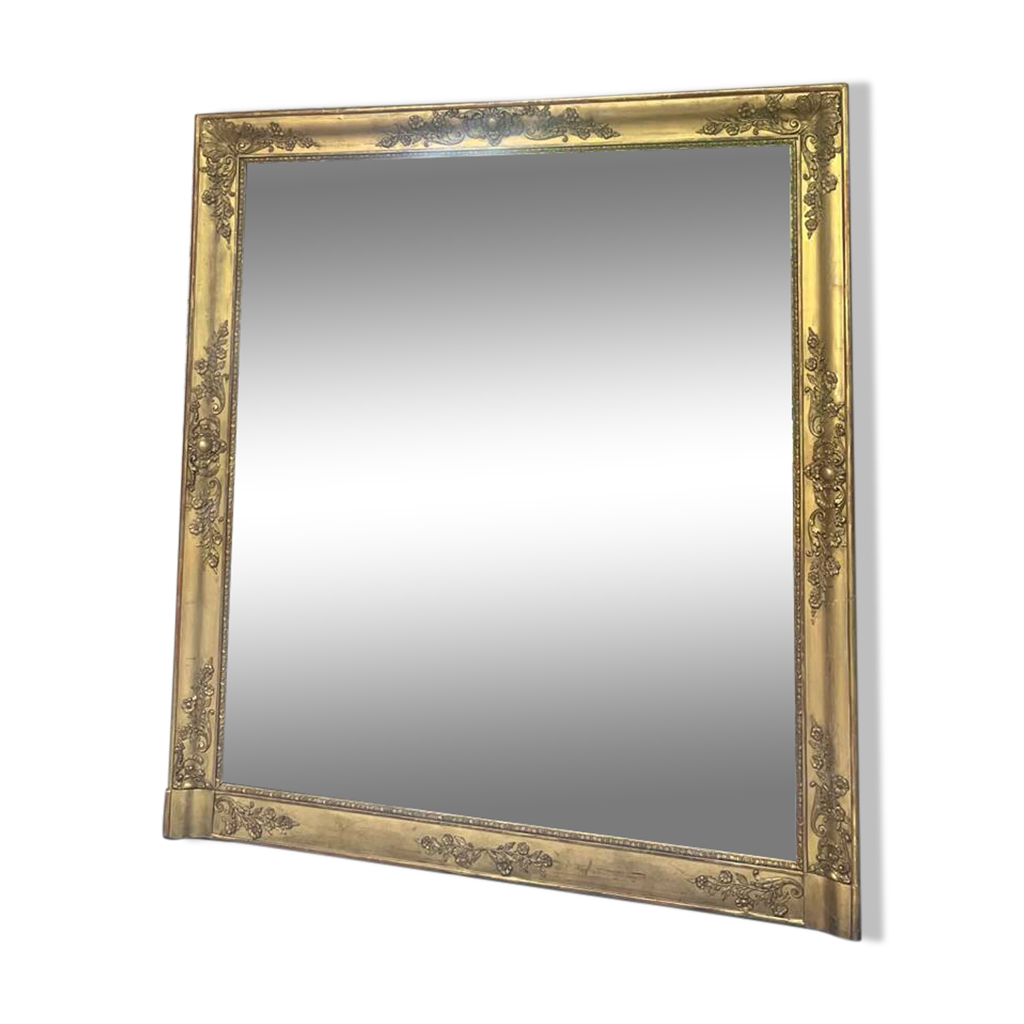Antique fireplace mirror 144.5cm/131.5cm gold leaf and mercury