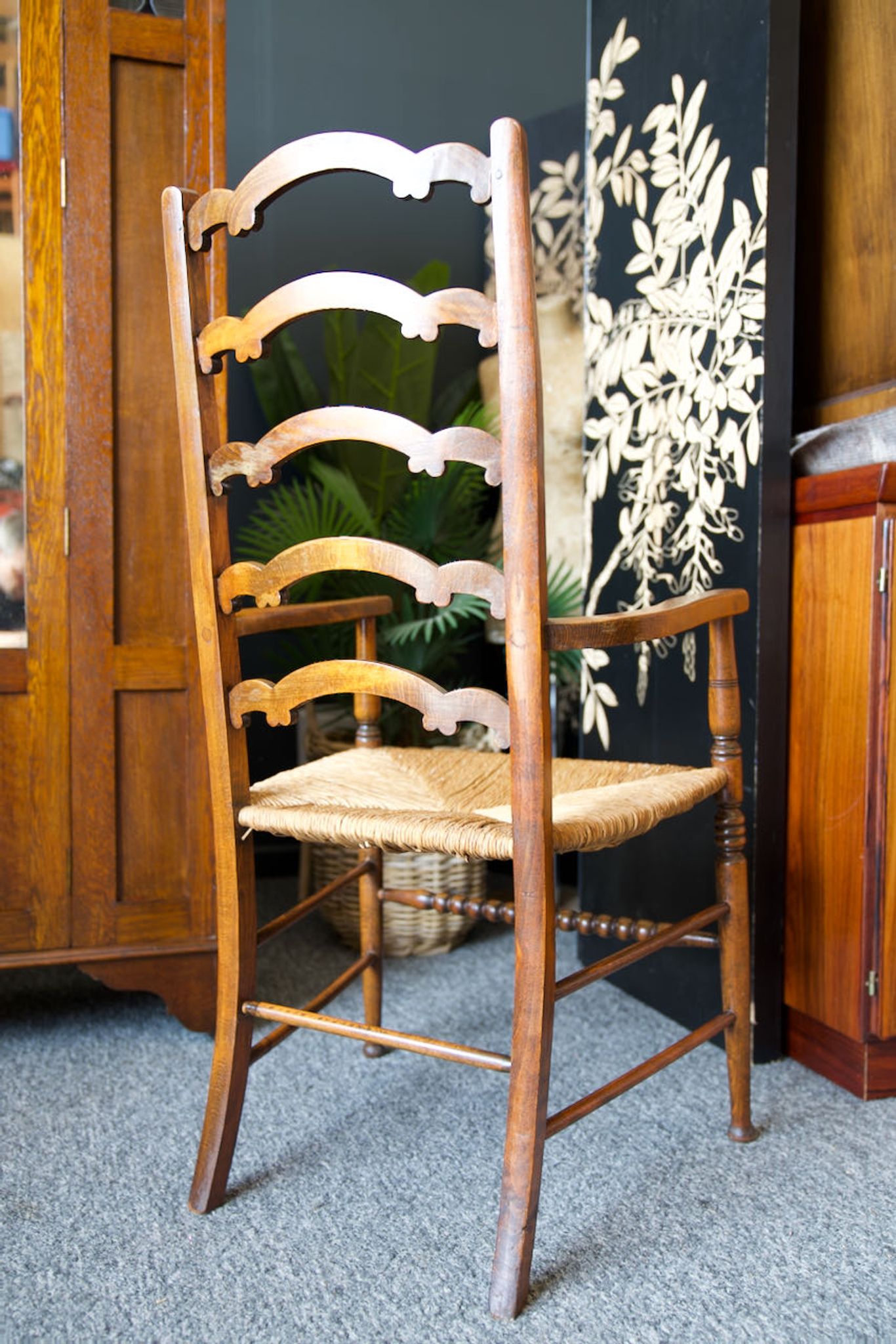 Arts & crafts solid oak ladder back occasional chair with rush seat