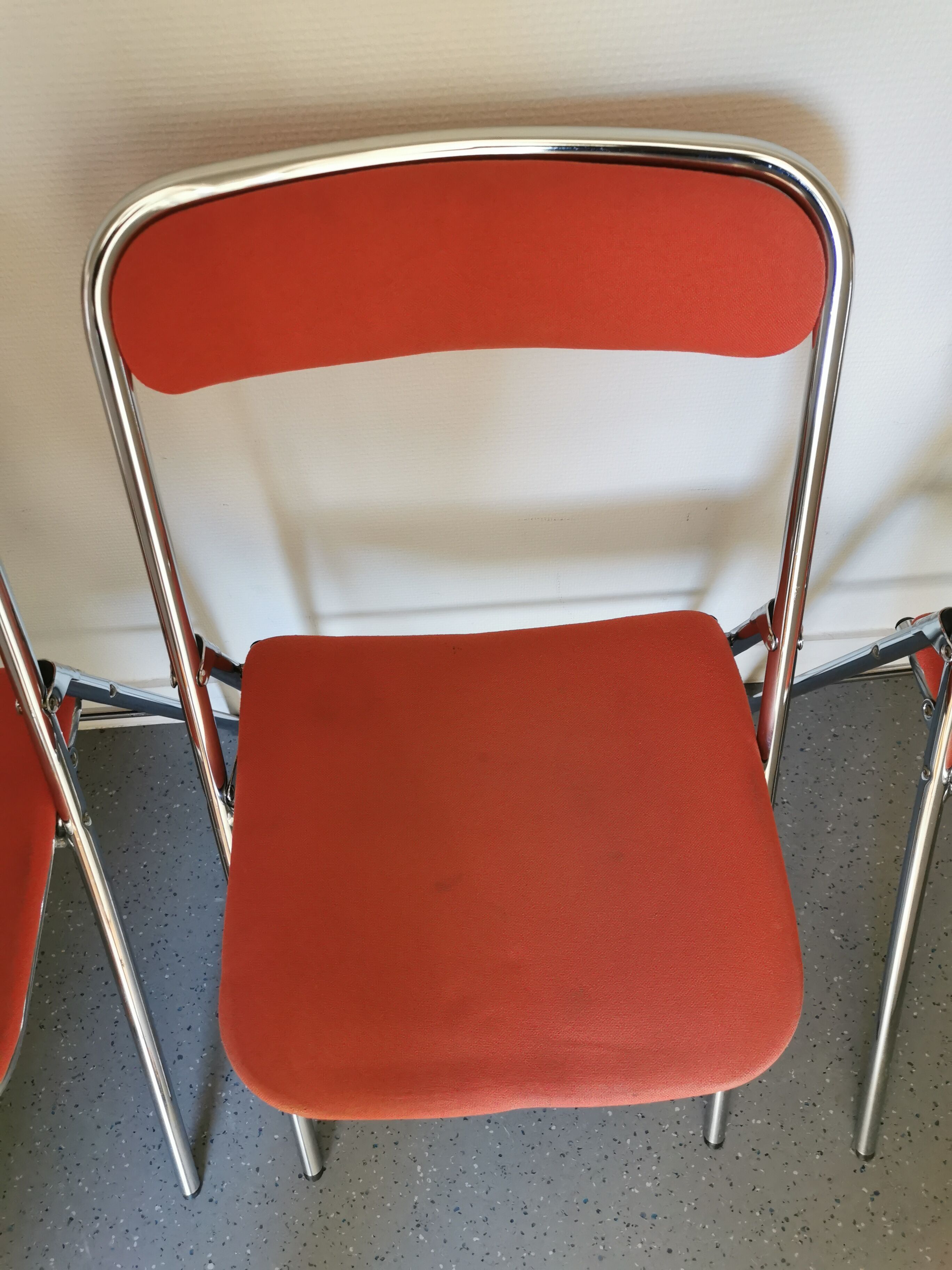4 red and chrome folding chairs, Plichaise by Souvignet, France, 1970