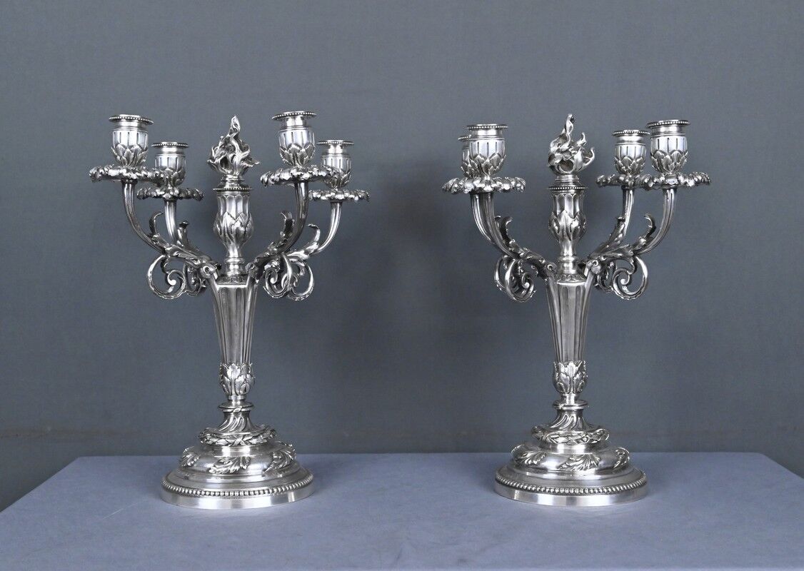 Pair of silver-plated candelabra, Louis XVI style – late 19th century