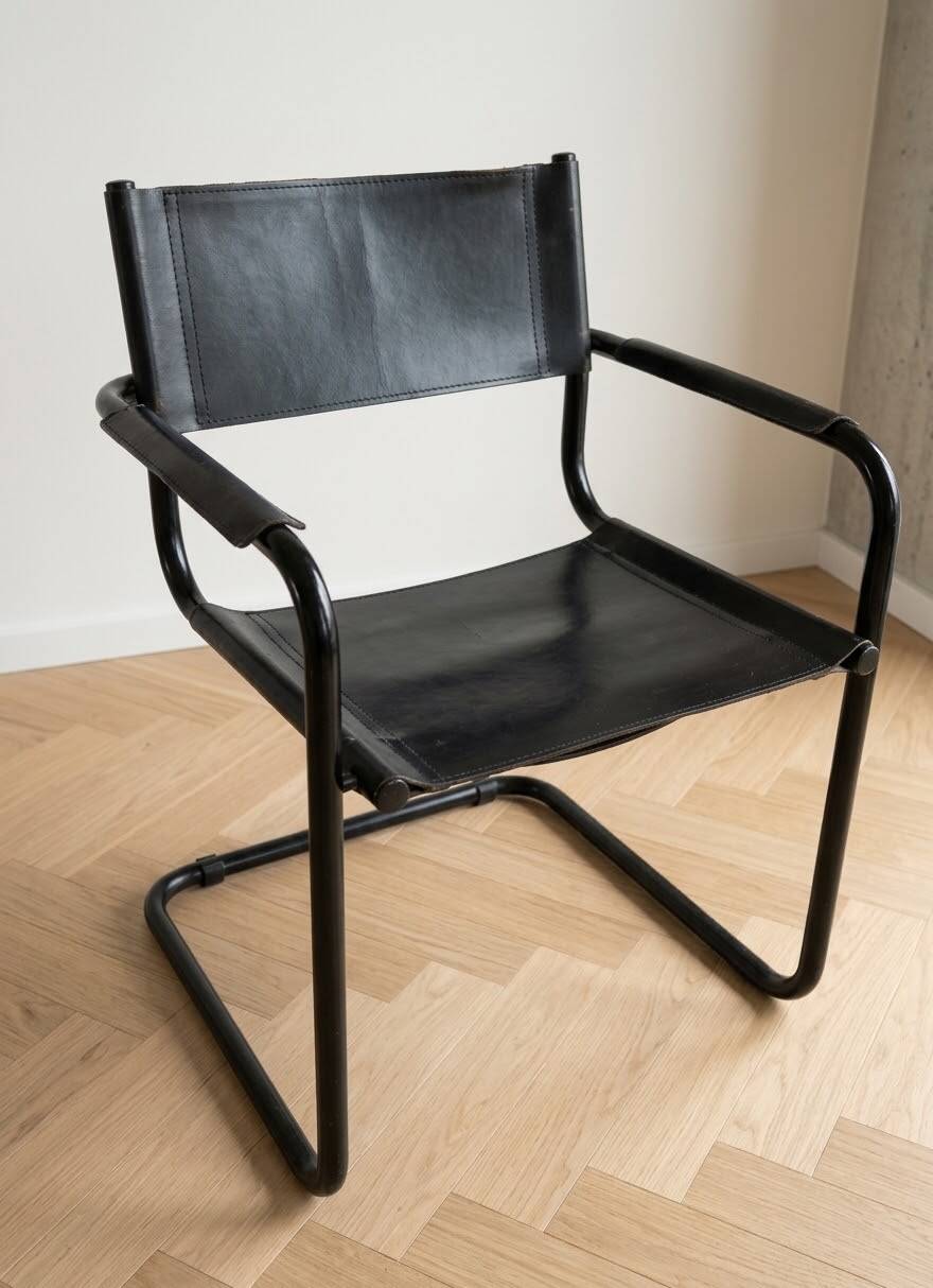 Vintage Bauhaus style cantilever armchair in black metal and leather.