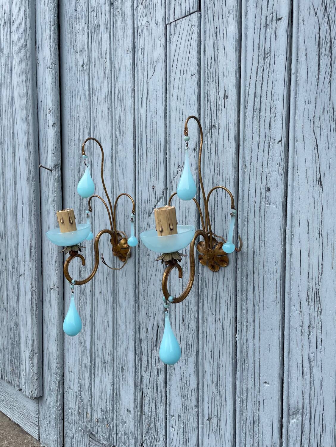 Pair of vintage turquoise blue opaline glass bead sconces