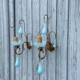 Pair of vintage turquoise blue opaline glass bead sconces