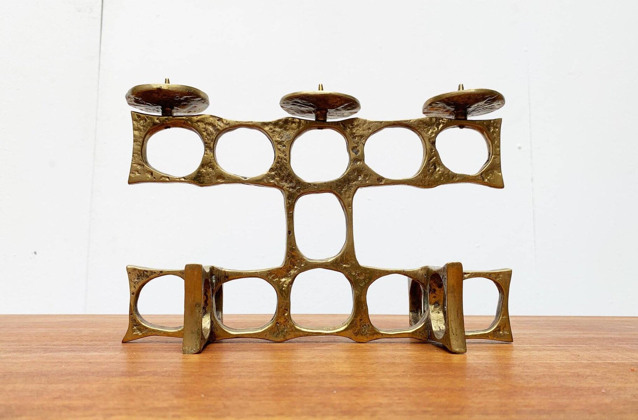 Brutalist metal candlestick from the mid-century by Heinz Goll