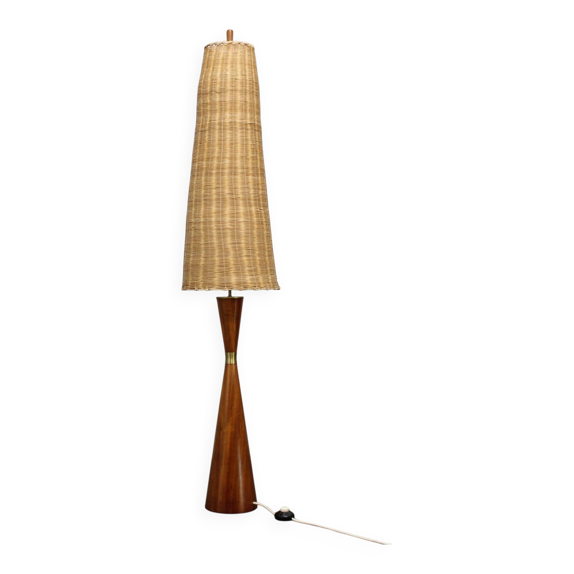 1960s Parker Knoll wooden table lamp with wicker shade, Britain
