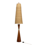 1960s Parker Knoll wooden table lamp with wicker shade, Britain
