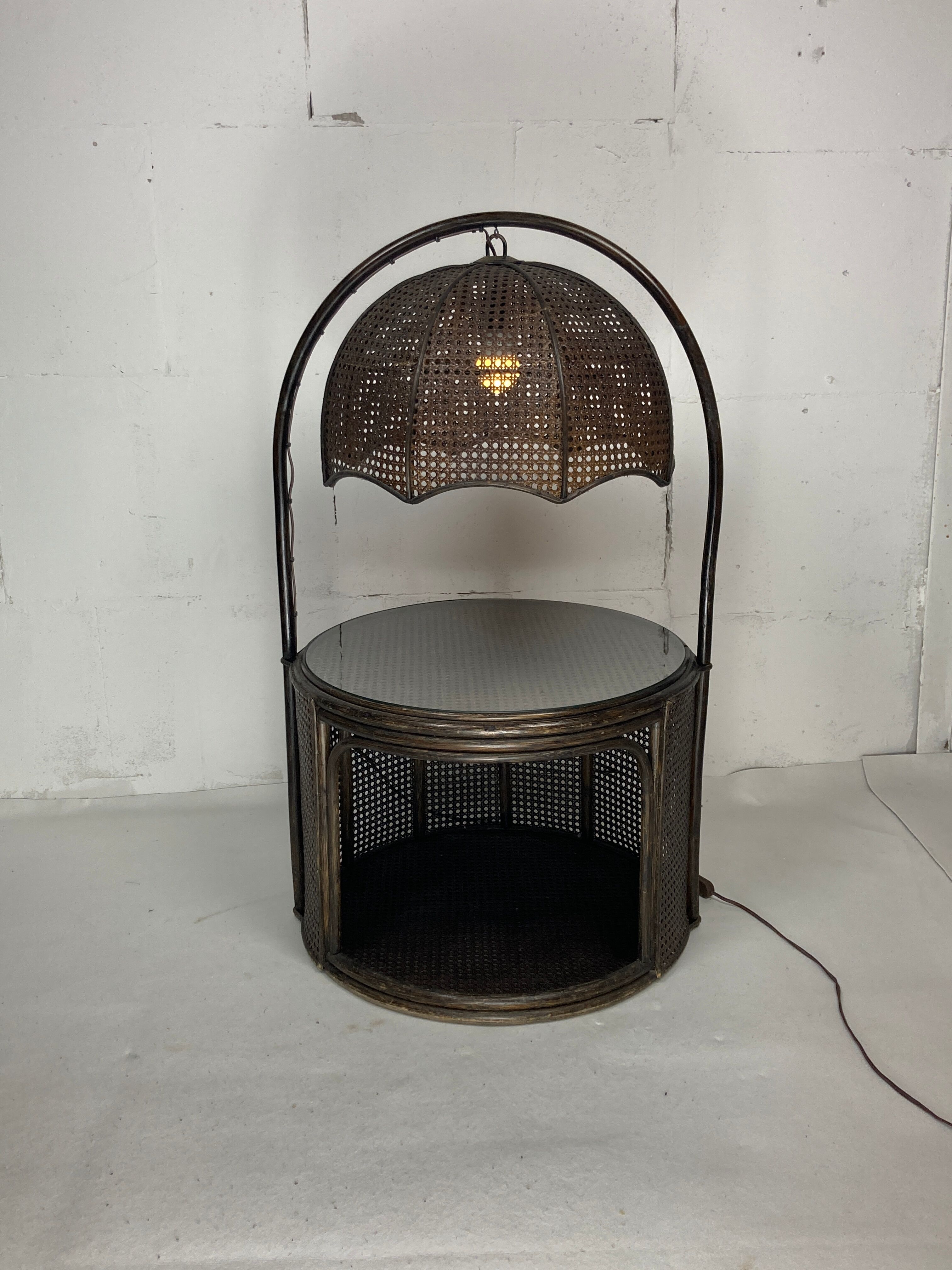 Faux bamboo rattan webbing side table with integrated hanging lamp, Dutch 1960s-1970s