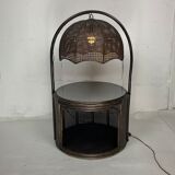 Faux bamboo rattan webbing side table with integrated hanging lamp, Dutch 1960s-1970s