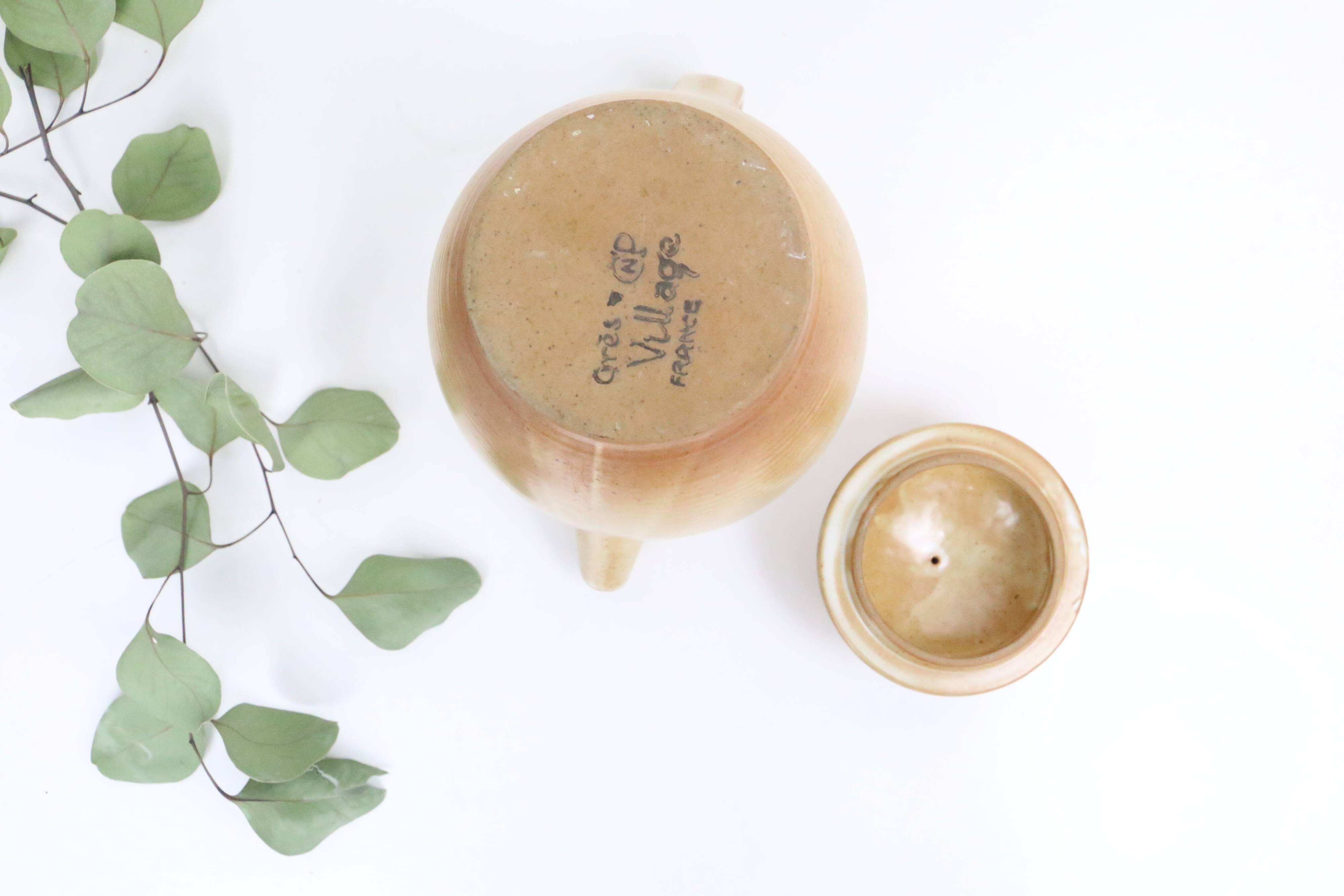 Vintage beige stoneware teapot, signed Grès Village