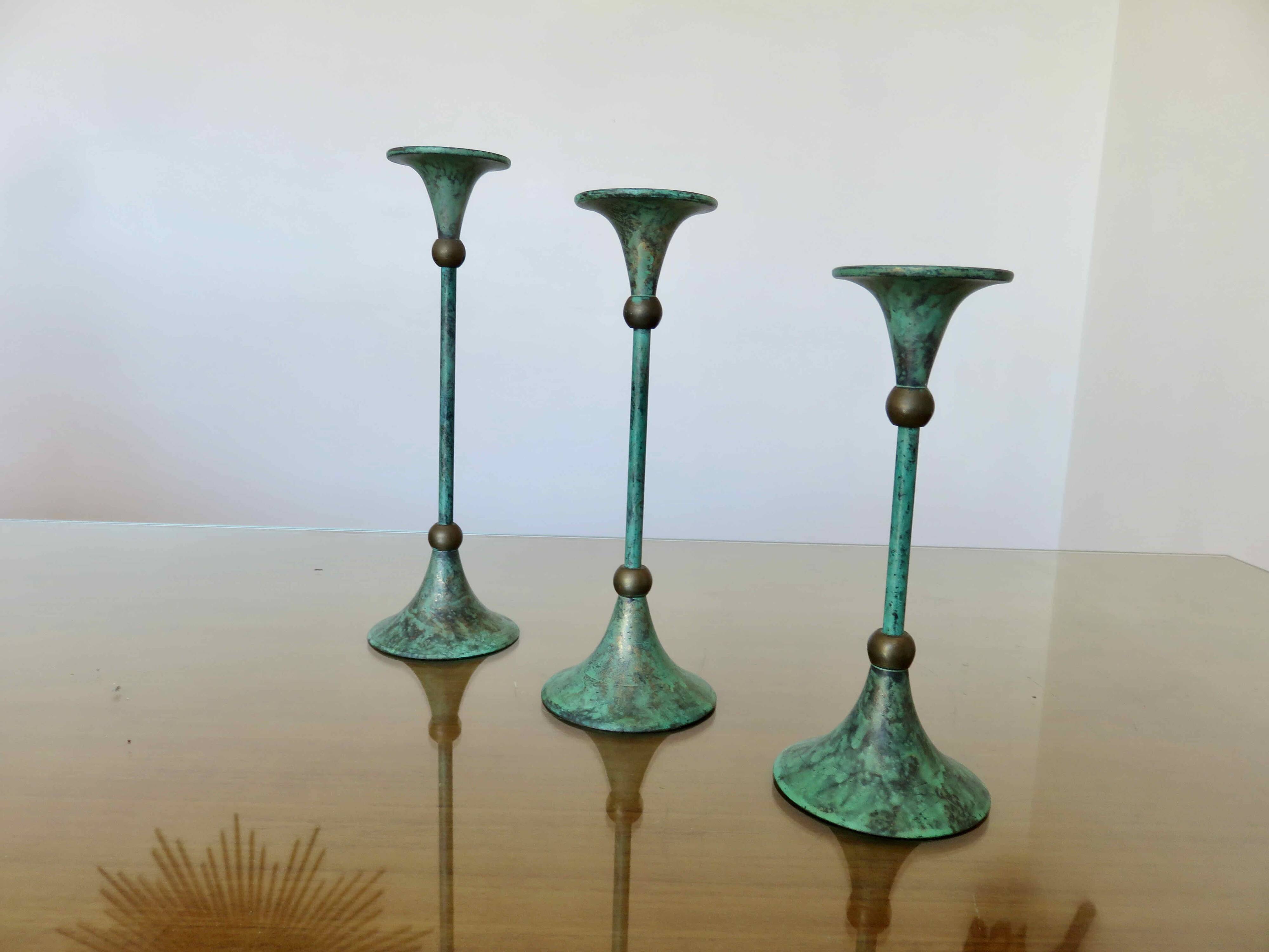 Series of 3 green tinted brass candlesticks from the 70s