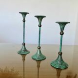 Series of 3 green tinted brass candlesticks from the 70s