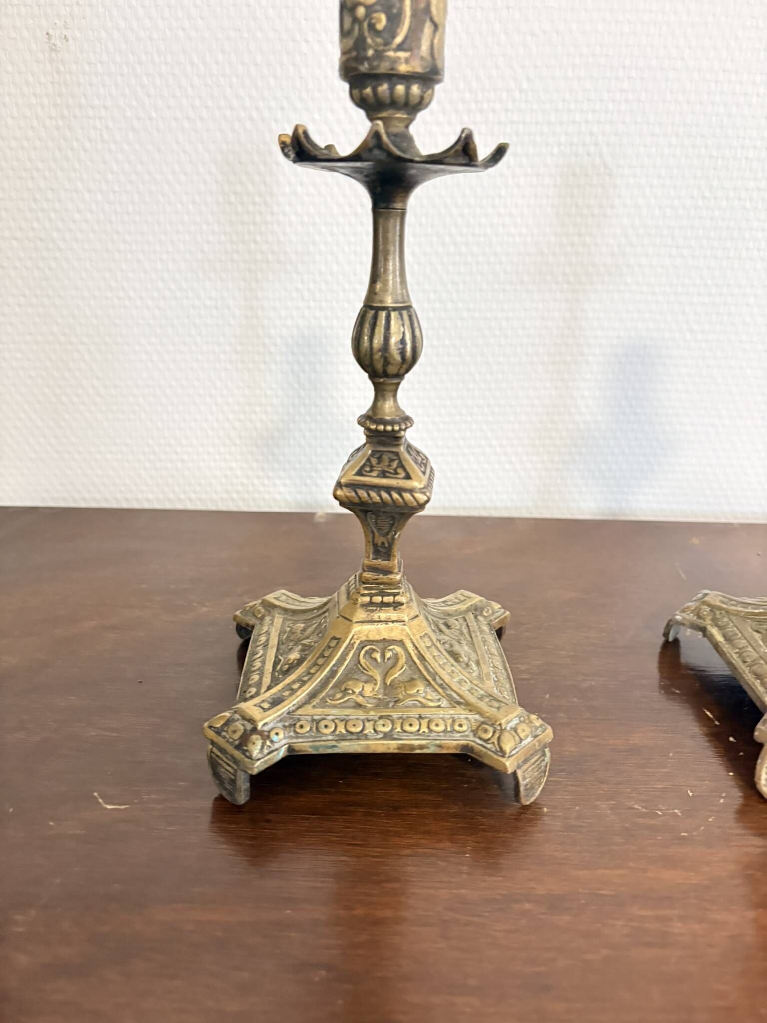 Pair of Gilded Brass Candle Holders Neo-Renaissance Napoleon III Swan Decor