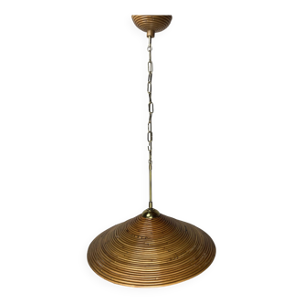 Lampe à Suspension Pencil Split Reed, Rotin, Bambou et Laiton, 1970s