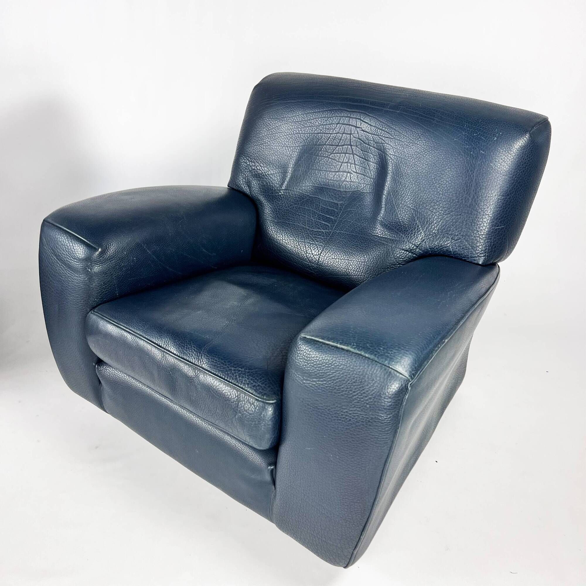 Set of 2 Italian Blue Leather Fatboy Armchairs by Molinari, 1980s