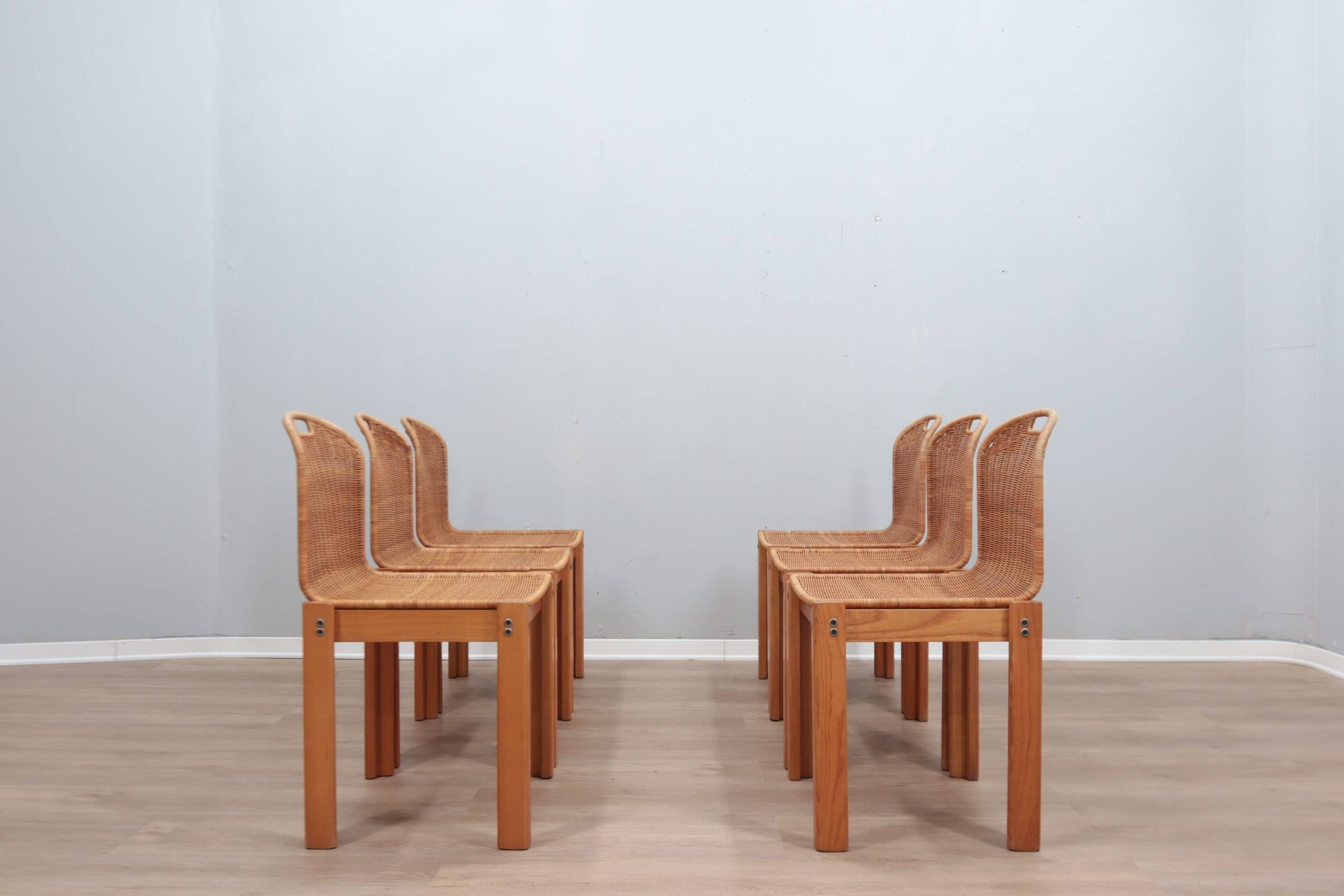 Chaises courbées en osier et bois années 1970, lot de 6