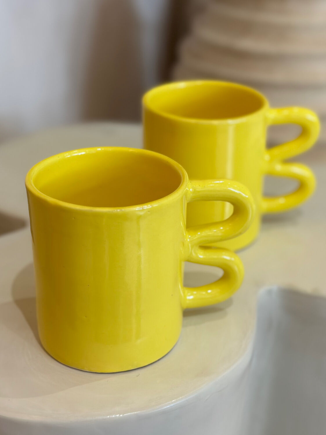 Mug cup ceramic handle graphic wave design colorful lemon yellow