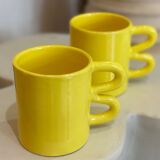 Mug cup ceramic handle graphic wave design colorful lemon yellow