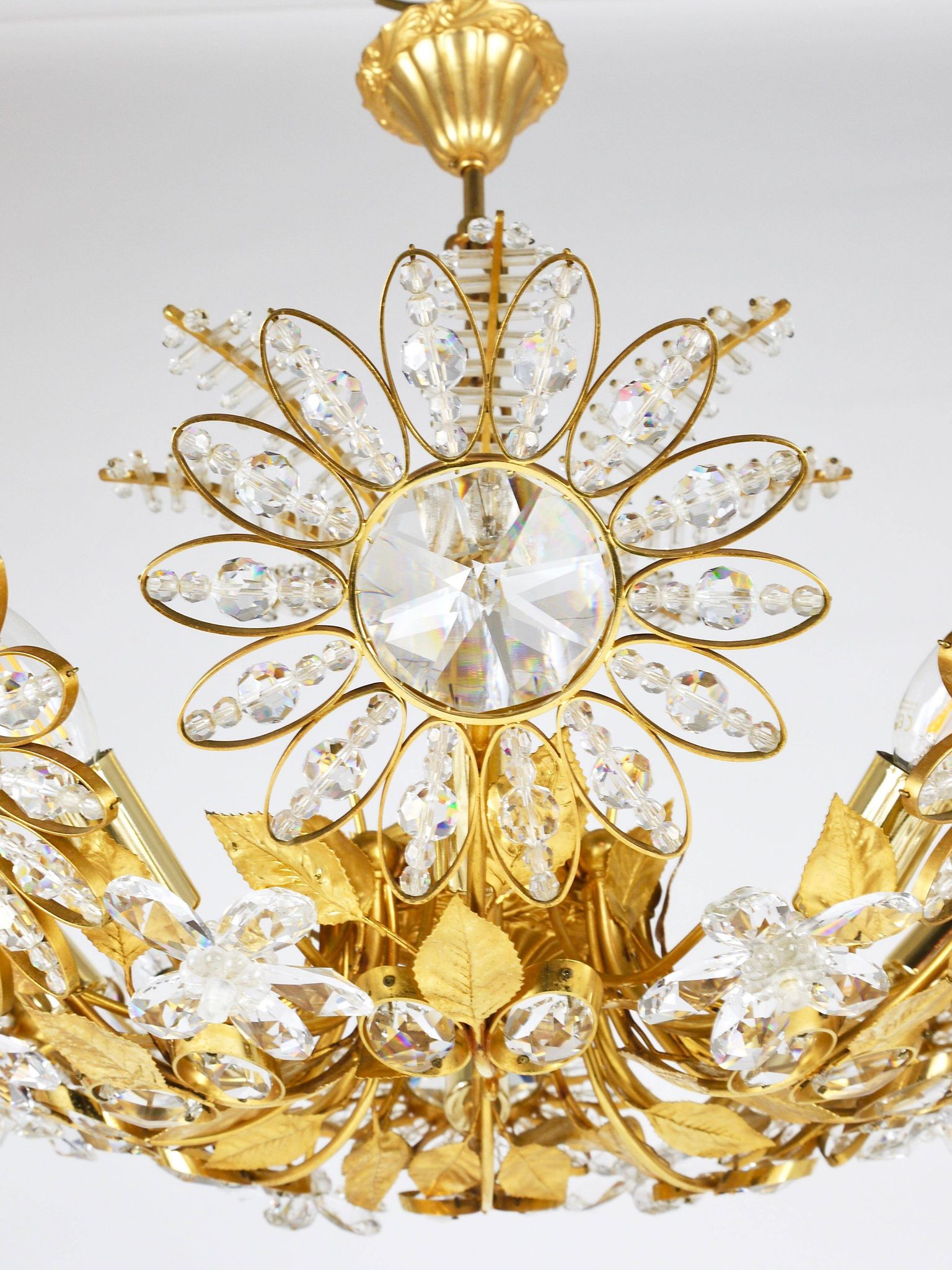 Ernst Palme Grand Chandelier Palm Tree Flower Palwa, Gilded Brass, Crystals, 1970s