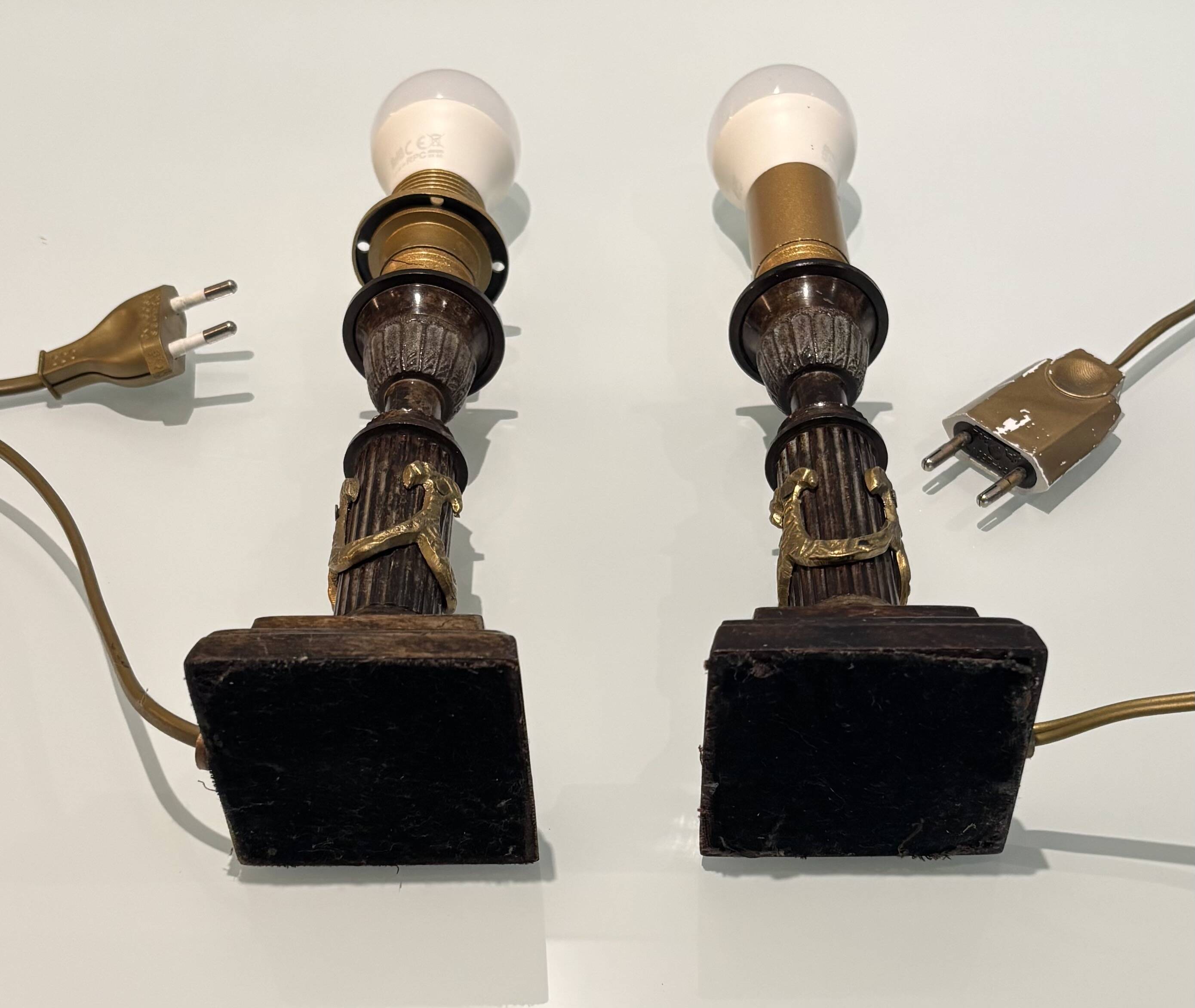 Pair of Empire Style Table Lamps with Patinated Black Bronze and Gilded Mounts