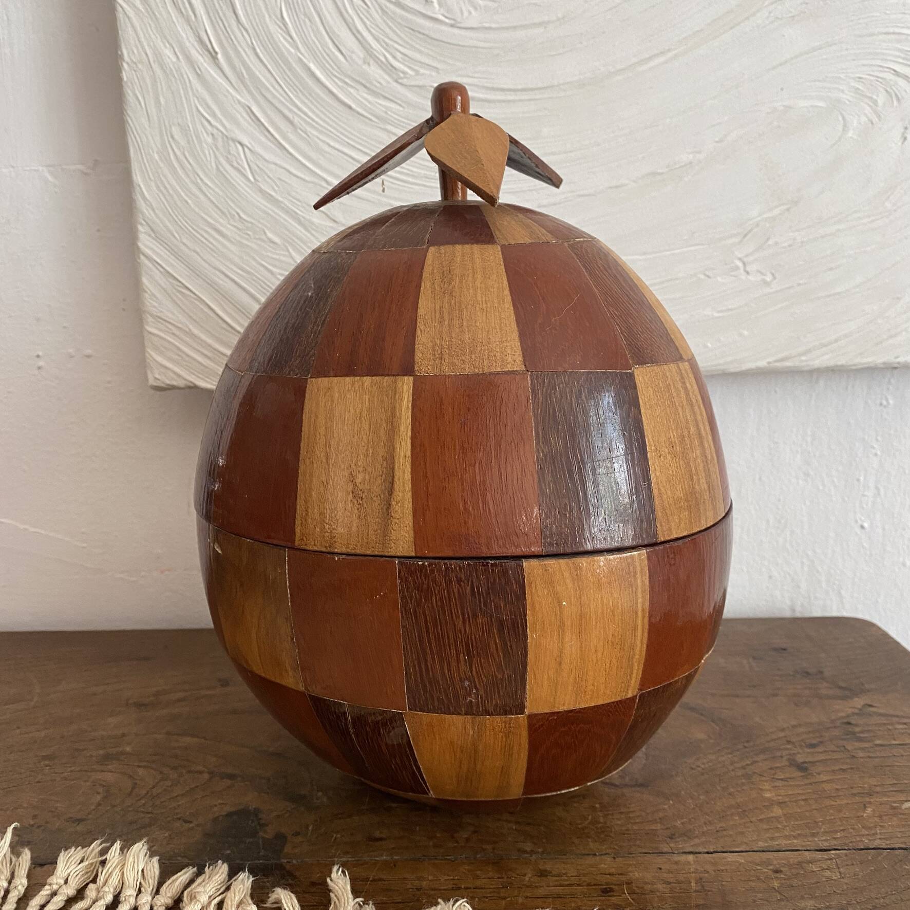 Seau à glaçons vintage  en noix de coco marquetée