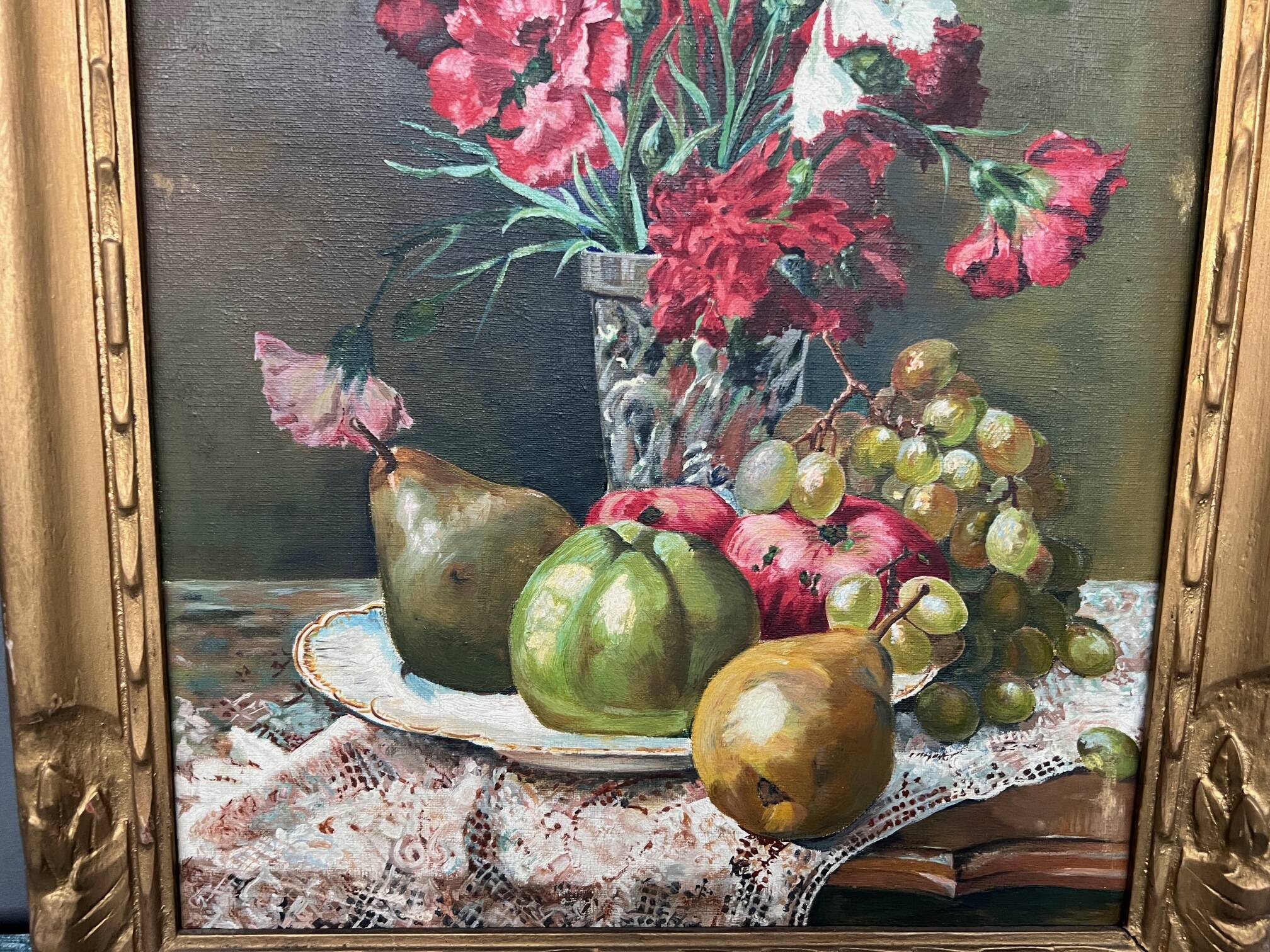 Old painting “Still life with flowers and fruit”.