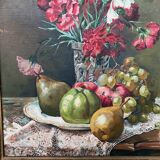 Tableau ancien « Nature morte aux fleurs et aux fruits ».