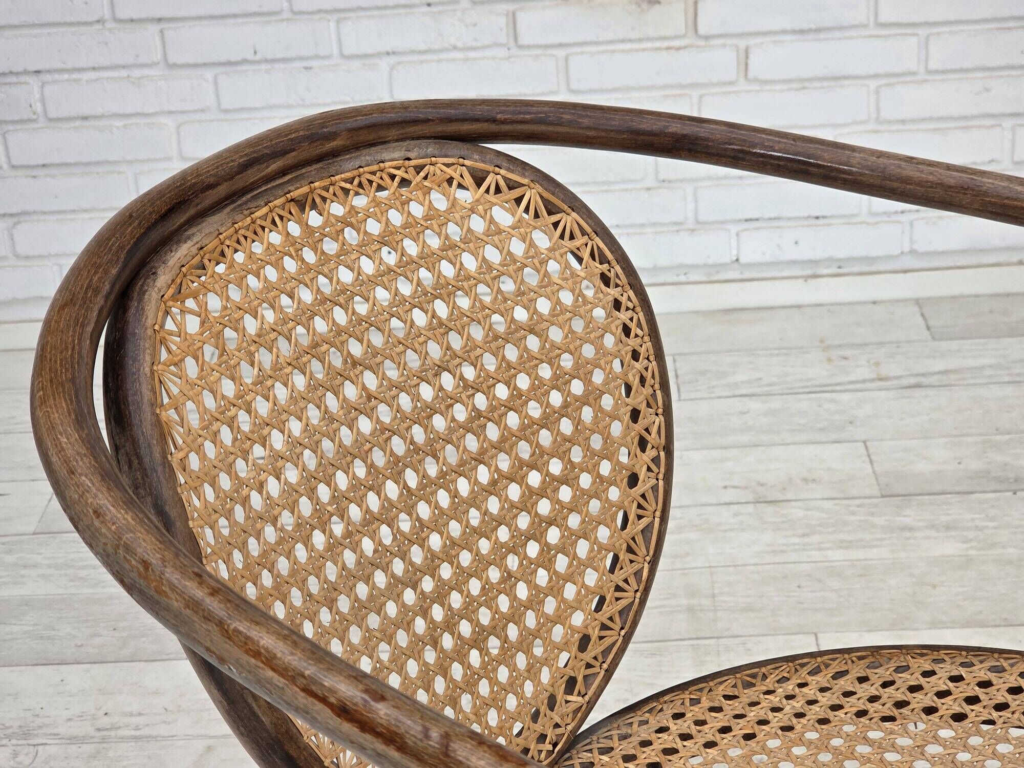 1950s, swivel armchair, bent wood, furniture mesh.