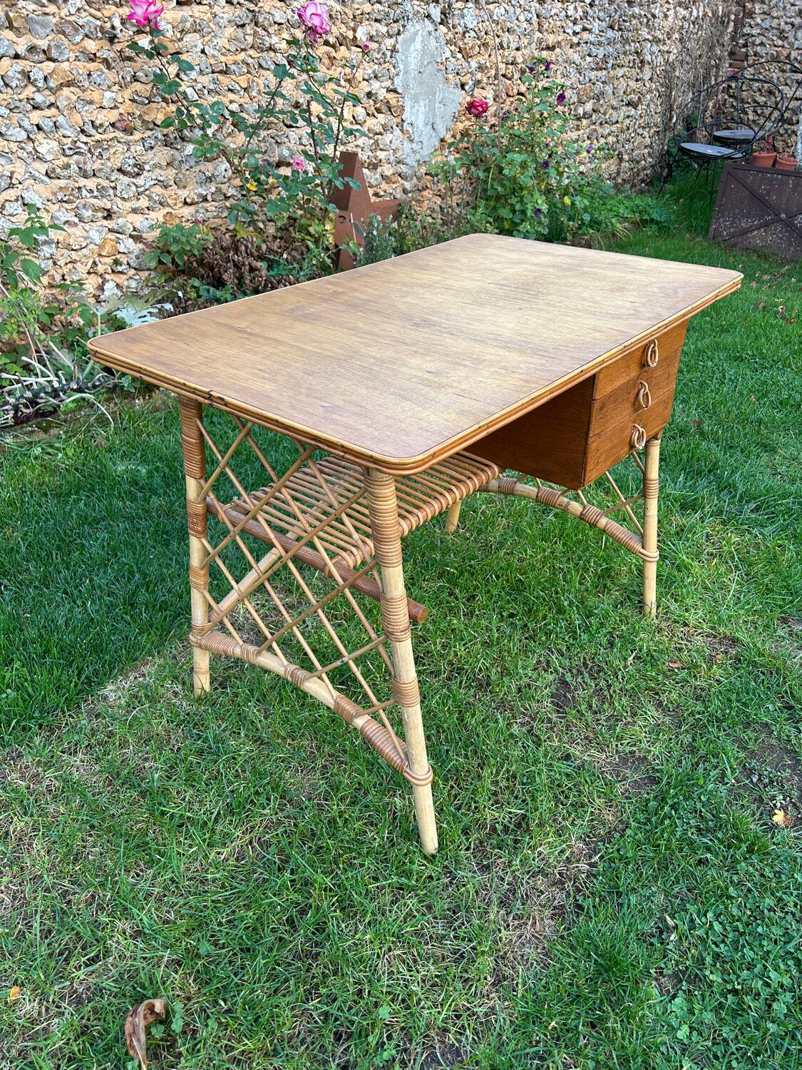 Vintage 1960 rattan desk by Louis Sognot