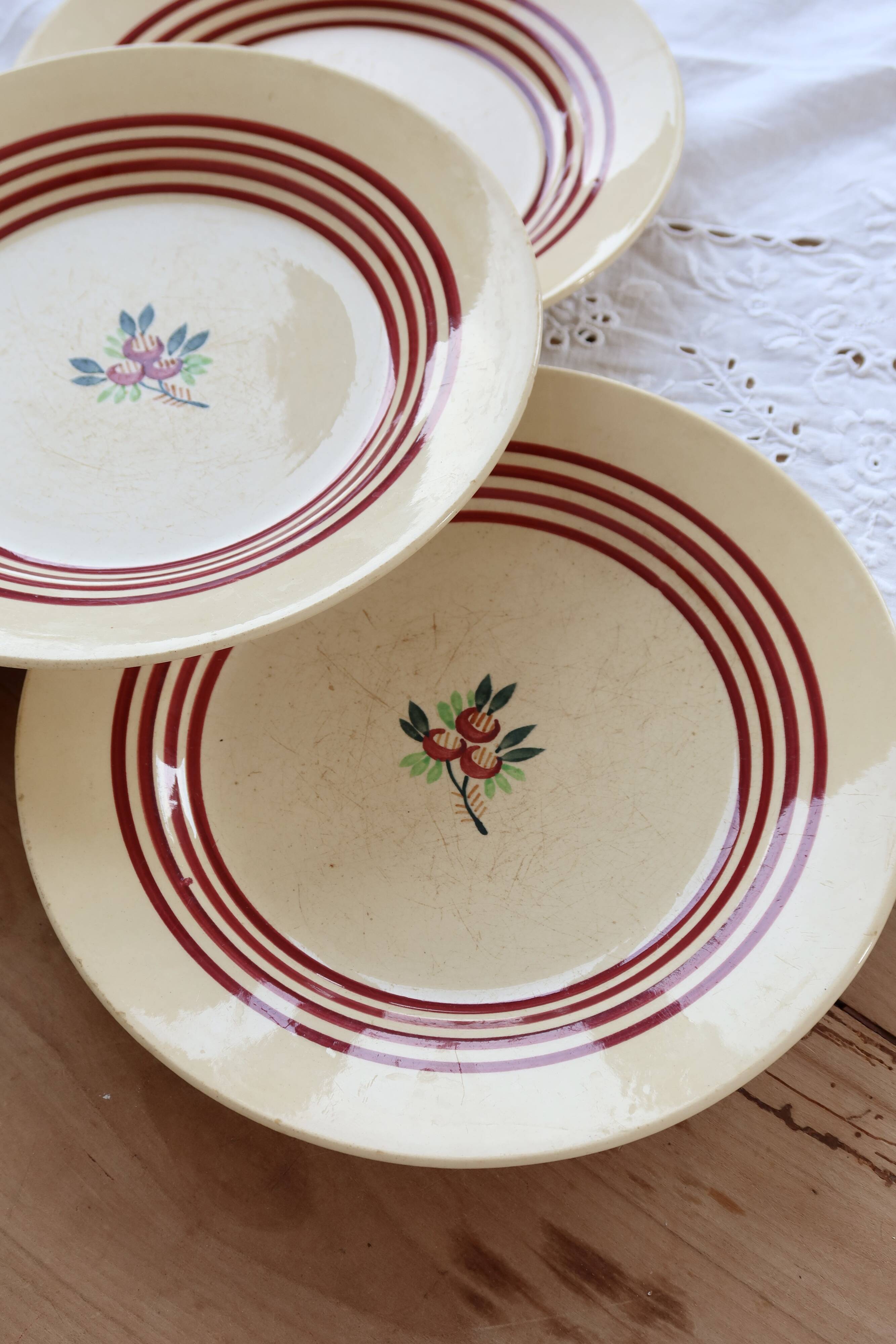 4 vintage Gien ironstone deep plates – Red floral pattern