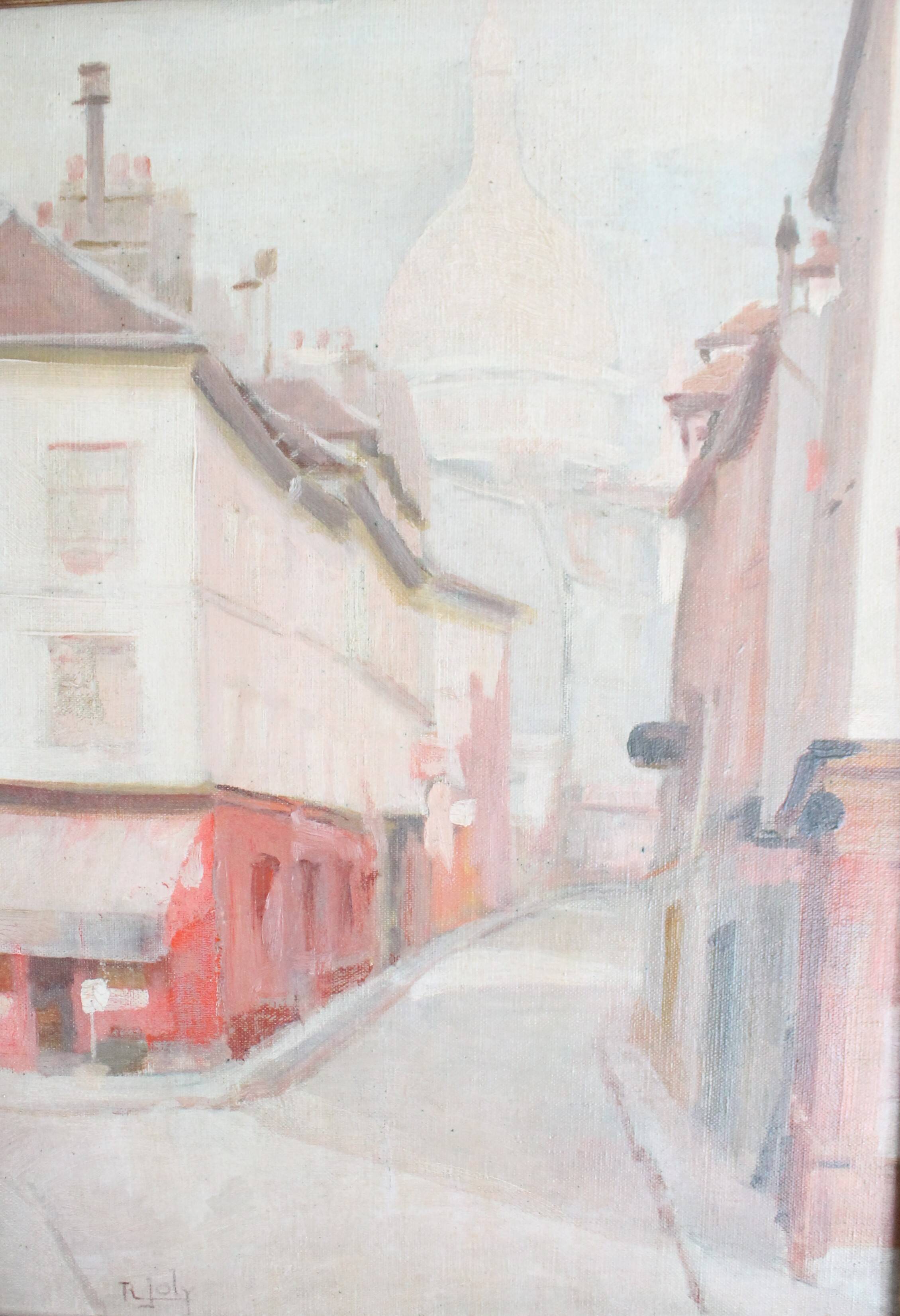 R. Joly "Rue Norvins in Montmartre with a view of the Sacré-Cœur" oil on canvas